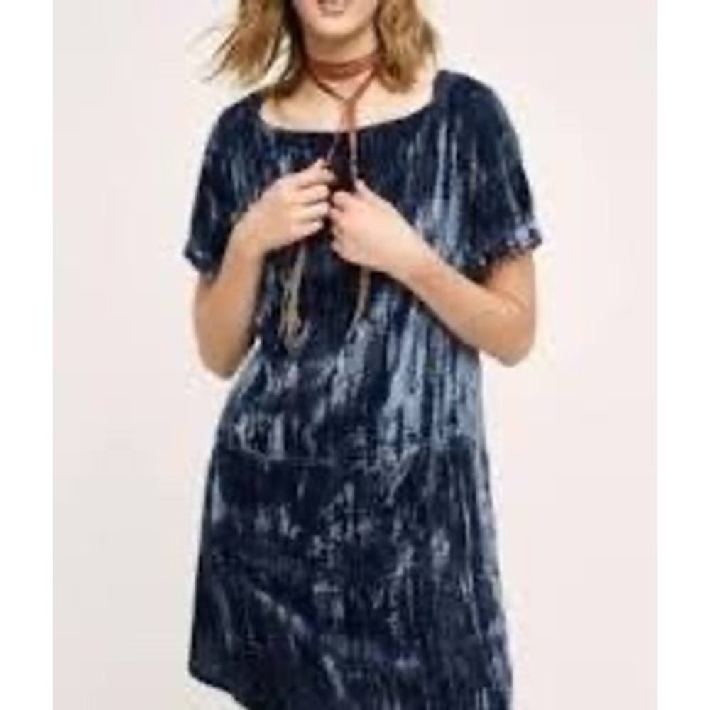 Floreat Anthropologie Blue Velvet Pleated Short Sleeve Shift Dress Womens Large